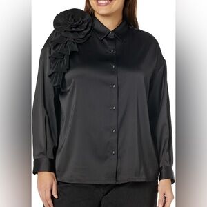 The Drop Black Satin Button-Front Shirt with flower Shoulder Detail